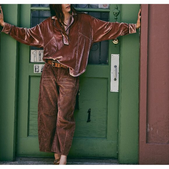 FREE PEOPLE NWT We The Free Luxy Solid Velvet Shirt / Cedar Wood - Picture 7 of 12